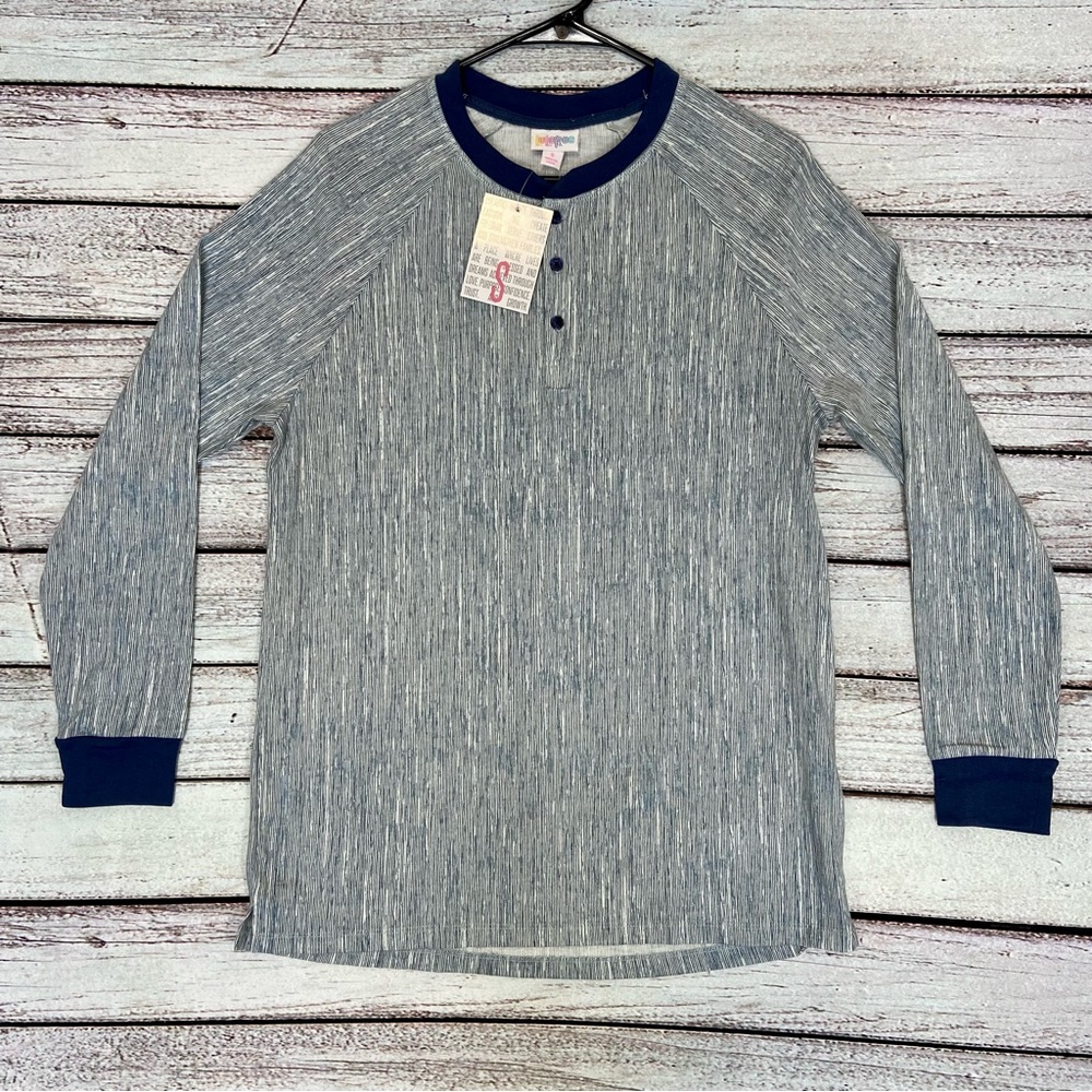 LuLaRoe Shirt Top Size S Mark Henley Unisex Long Sleeve Gray Blue New